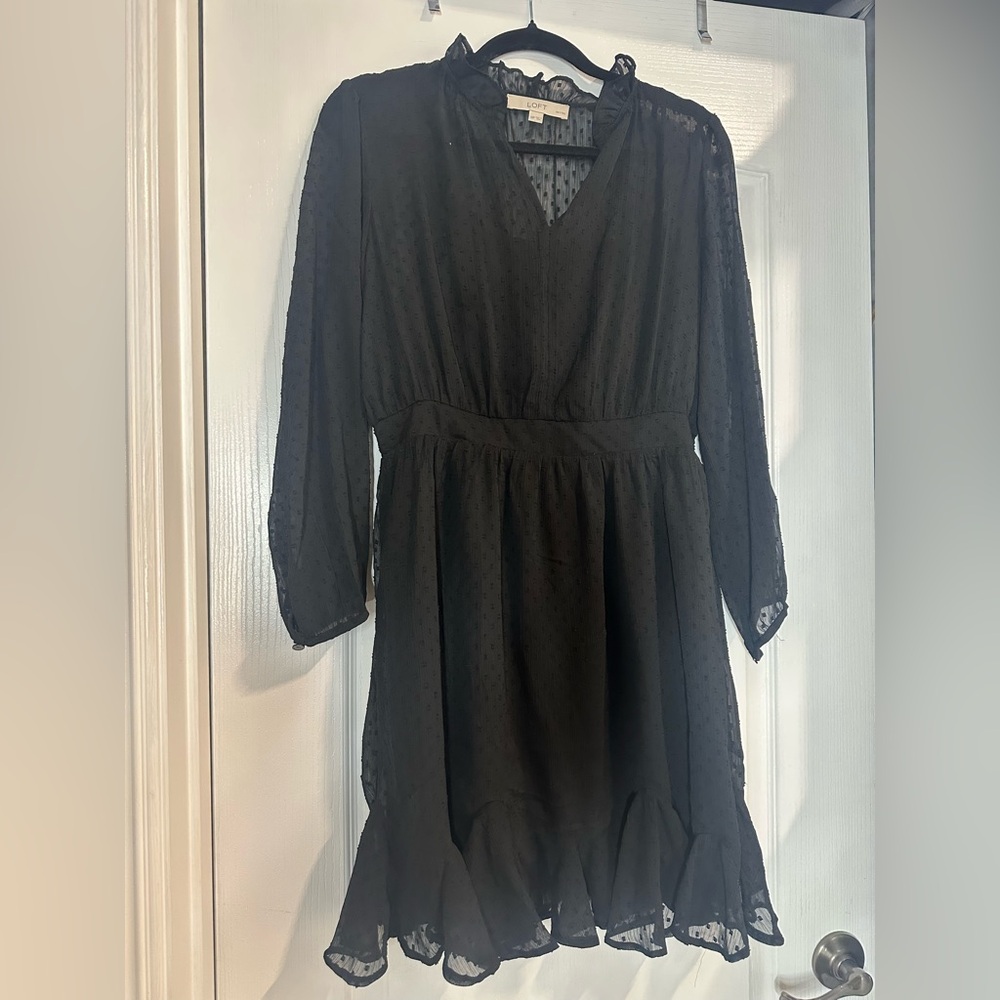 Loft black sheer Swiss dot mini dress 10 petite